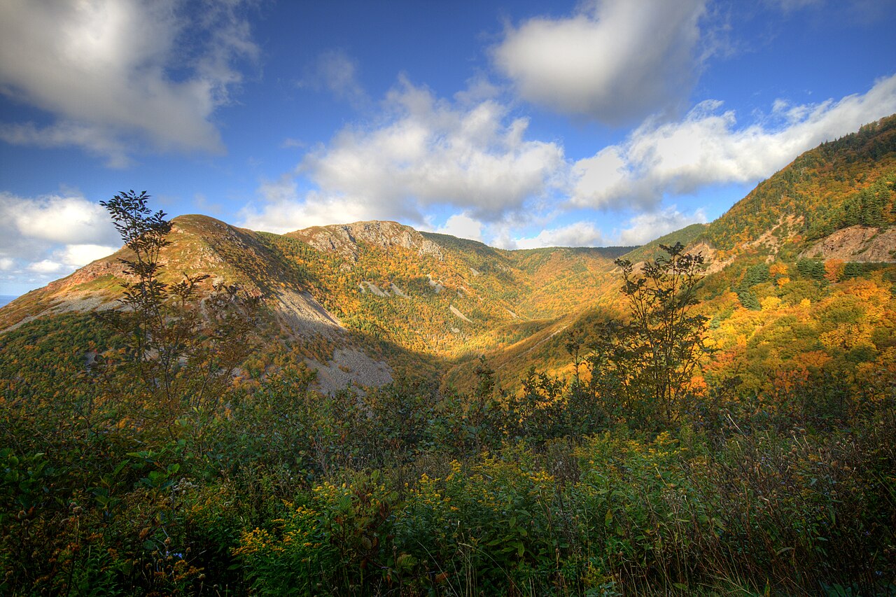 Falaises et hauts plateaux du parc national des Hautes-Terres-du-Cap-Breton plongeant dans l'Atlantique, Cabot Trail, Nouvelle-Écosse